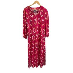 Natori Caftan 3/4 Sleeve Maxi Slip‎ house Dress size S pink Ikat Bold flowy
